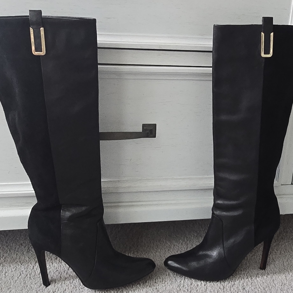 Coach Black Heeled Boots with Gold Accents